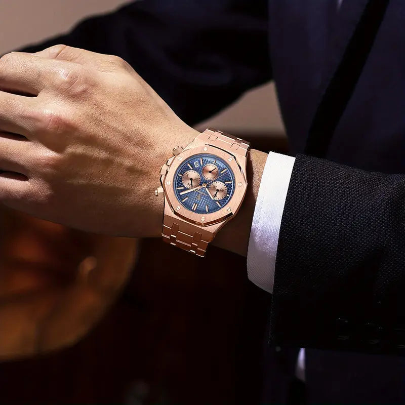 POEDAGAR Men's Luxury Chronograph Watch - Rose Golden