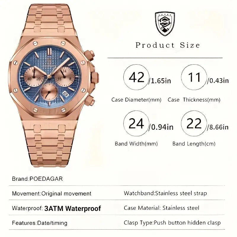 POEDAGAR Men's Luxury Chronograph Watch - Rose Golden